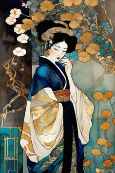 Orientalism Art, Iridescent Texture, Geisha Painting, Geisha Artwork, Art Geisha, Geisha Illustration, Japanese Culture Art, Art Klimt, Poster Manga