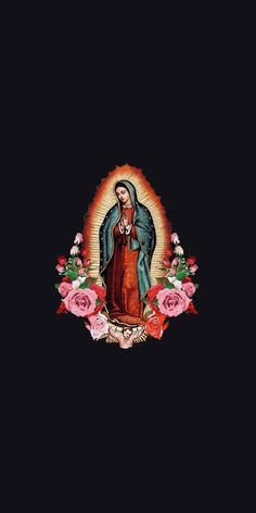 the virgin mary with roses and roses on it's side, in black background