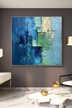 Original abstract painting with blue and green textured brushstrokes on canvas, framed in wood Cold Wax Painting, Abstract Art Paintings Acrylics, Green Painting, Green Paintings, Modern Pictures, Green Wall Art, Modern Abstract Painting, Art Painting Acrylic, Zentangle Art