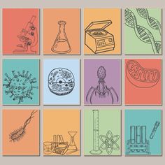 four square pictures with different types of science related items on them, including microscopes and laboratory equipment