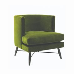 an upholstered green chair with dark wood legs and foot rests on a white background