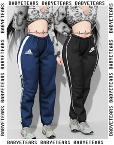 two women's sweatpants with the same color and size as their body, one is