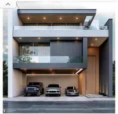 two cars parked in front of a modern house