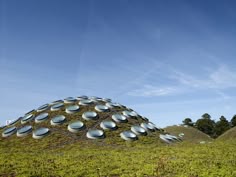 an unusual building made out of metal plates in the middle of a grassy field with trees and blue sky