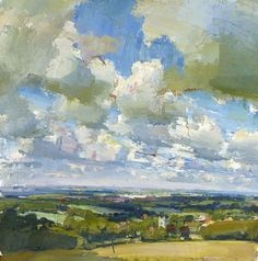 an oil painting of clouds in the sky over a green field with houses and trees