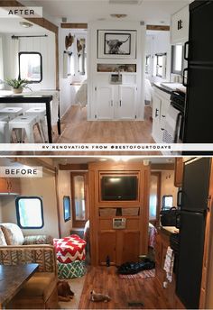 before and after photos of a mobile home kitchen, living room and dining area with wood flooring