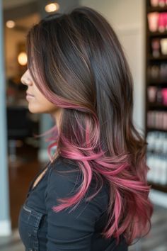 Woman with long brown hair featuring pink highlights, photographed in a salon. Rose Gold Balayage Brunettes, Balayage On Brunette, Balayage Brunette Short, Pink Balayage, Brunette Roots, Dark Ombre Hair, Gold Balayage, Rose Gold Balayage