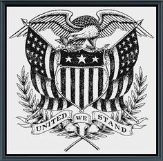 an american flag with two eagle emblems on the front and back, in black ink