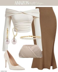 #fashion Concert Outfit Elegant, Tan And White Outfits For Women, Elegant Mom Outfits Classy, Business Outfits For Women Skirt, Amazon Classy Outfits, Brown And Gold Outfits For Black Women, Buying Clothes Aesthetic, Brown And White Outfit Classy, Amazon Dinner Outfits