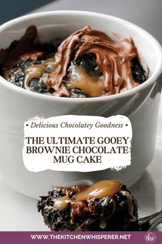 the ultimate gooey brownie chocolate mug cake is ready to be eaten and served