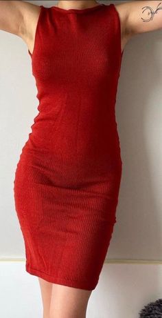 One of one red boatneck knit dress. Red Knit Dress, Sleeveless Sweater Dress, One Of One, Shorts With Tights, Dress Clothes For Women, Boat Neck, Cosplay Costumes, Knit Dress, Red Dress