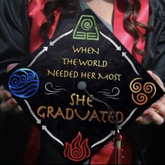 a woman holding a graduation cap that says, when the world needed her not she graduated