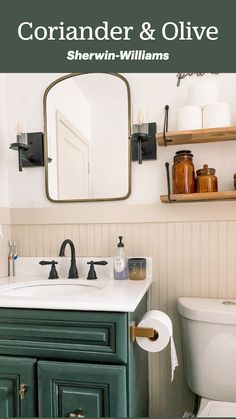 a white toilet sitting next to a bathroom sink under a mirror on top of a wooden shelf