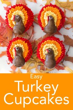 easy turkey cupcakes with chocolate frosting and sprinkles on top