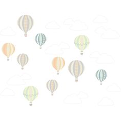 several hot air balloons flying through the sky with clouds in the backgrounnd