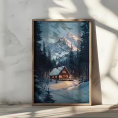 a painting of a cabin in the woods with snow on the ground and mountains behind it