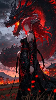 a woman standing in front of a red dragon on top of a field at sunset