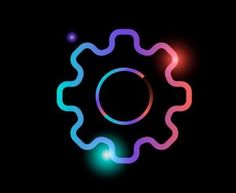 an abstract glowing gear wheel on a black background with colored lights around the spokes