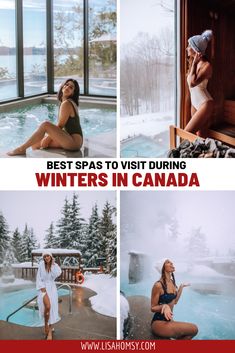 two women in bathing suits sitting next to a hot tub with the words best spas to visit during winters in canada