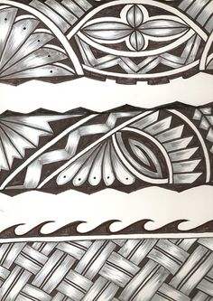 three different types of art work in black and white ink, each with an intricate design