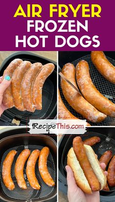 four pictures showing how to make air fryer frozen hot dogs in an air fryer