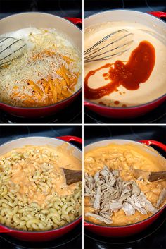 four pictures showing the steps to make macaroni and cheese in a skillet