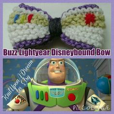 there are two pictures of buzz lightyear crocheted bow ties on the same item