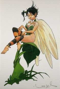 a drawing of a fairy sitting on top of a plant