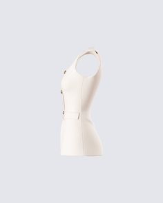 Branca Ivory Scoop Neck Vest – FINESSE Tops With Gold Buttons For Workwear, Chic Tailored Vest With Buttons, Tailored Chic Vest With Buttons, Elegant Beige Vest With Button Closure, Elegant White Vest For Tailoring, Chic White Vest With Button Closure, Chic Workwear Tops With Pearl Buttons, Chic Tailored Tops With Buttons, Elegant Tops With Gold Buttons