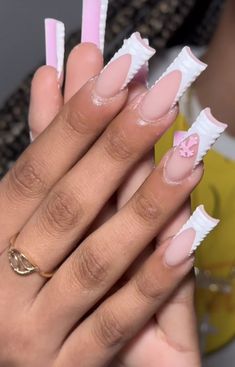 Nails Acrylic Birthday Set, Tapper Square Acrylic Nails, French Tip Acrylic Nails Pink, Pink French Tip Nails With Design, Pink Nail Sets, Fly Nails, Lifestyle Jewelry, Nails Y2k, Eyelashes Makeup