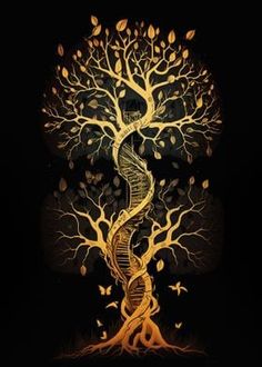 a painting of a tree with a spiral staircase going up it's side in the dark