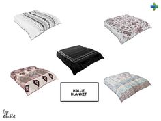 four pillows with different patterns on them and the words halee blanket written in white