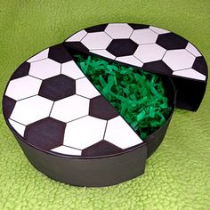 a black and white box with green grass in it on a green surface, the lid is open