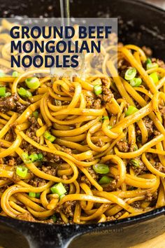 ground beef and noodles in a skillet with the title overlay reads ground beef and noodle