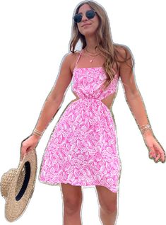 Casual Backless Dresses For Beach Party, Chic Pink Halter Dress For Vacation, Pink Spaghetti Strap Halter Dress For Beach, Casual Backless Halter Dress, Pink Halter Dress For Spring Vacation, Pink Summer Halter Dress For Beach Season, Casual Backless Sundress For Spring, Pink Halter Dress With Spaghetti Straps For Vacation, Casual Tie Back Dresses For Summer Outings