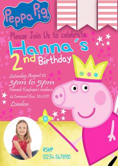 peppa pig birthday party card with photo and name on the front, featuring an image of