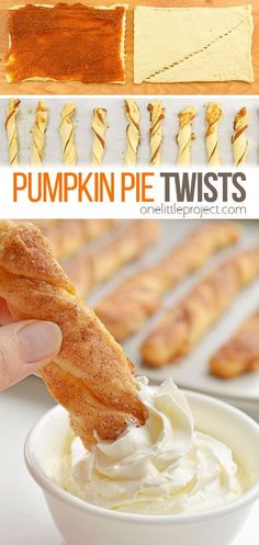 pumpkin pie twists being dipped with whipped cream