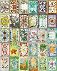 many different colored tiles with animals and flowers on them, all made up of squares