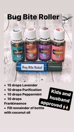 Essential Oil Blends Roller, Essential Oil Roller Bottle Recipes, Essential Oils Young Living, Living Oils Recipes, Roller Bottle Recipes, Bug Bite