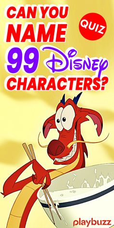 a cartoon character holding chopsticks with the words can you name 90 disney characters?