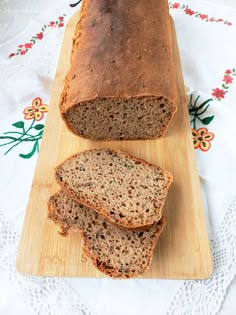 a loaf of bread sitting on top of a wooden cutting board