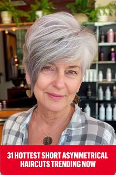 Older woman with gray hair styled in a short asymmetrical haircut for a modern, flattering look Haircuts Trending, Confident Style, Trending Haircuts