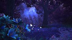 a painting of blue flowers and trees in the woods at night with bright lights shining on them