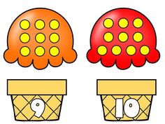 three different types of ice cream cones with yellow dots on them, one is red and the other is orange