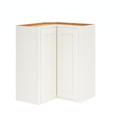 a corner cabinet with two doors and a wooden top in white, on a white background