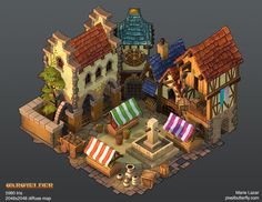 Warwielder Art Dump: hand-painted buildings ahead! - Polycount Forum Fantasy Town, Medieval Village, Hand Painted Textures, Medieval Houses, Building Concept, Isometric Art, Game Environment, Low Poly Art, Building Art