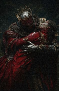 a painting of a man hugging a woman in a red dress with a crown on his head