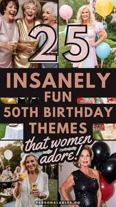 an advertisement for the women's birthday party with photos of older women and balloons