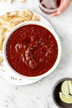 a bowl of salsa with tortilla chips on the side