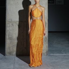 High Neck Maxi Dress. Orange Silk Evening Maxi Dress, Orange Silk Maxi Dress For Evening, Orange Maxi Dress For Gala, Chic Orange Evening Dress, Luxury Silk Summer Party Dress, Orange Evening Maxi Dress, Luxury Silk Dress For Summer Party, Elegant Orange Cocktail Maxi Dress, Elegant Orange Dresses For Gala